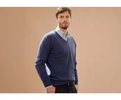 Jersey de lana para hombre con cuello de pico Azul oscuro moteado Elian-Bexley Discount