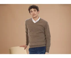Jersey de lana para hombre con cuello de pico Topo Gris moteado Elian-Bexley Shop