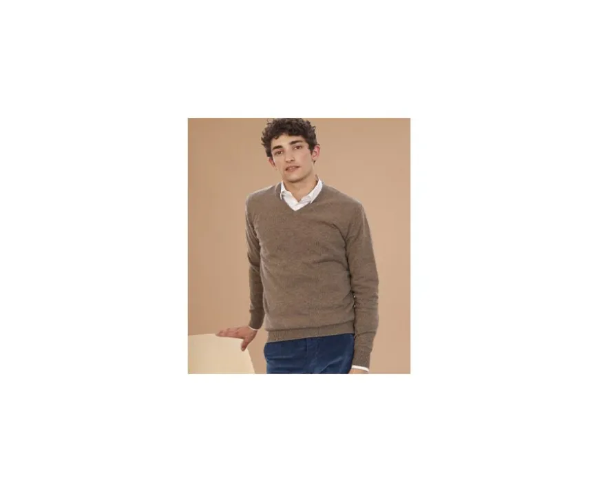 Jersey de lana para hombre con cuello de pico Topo Gris moteado Elian-Bexley Shop