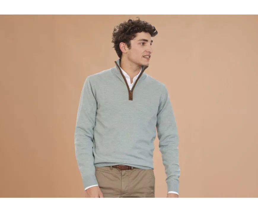 Jersey de lana para hombre con cuello cremallera Verde Eucalipto Keithy-Bexley Online