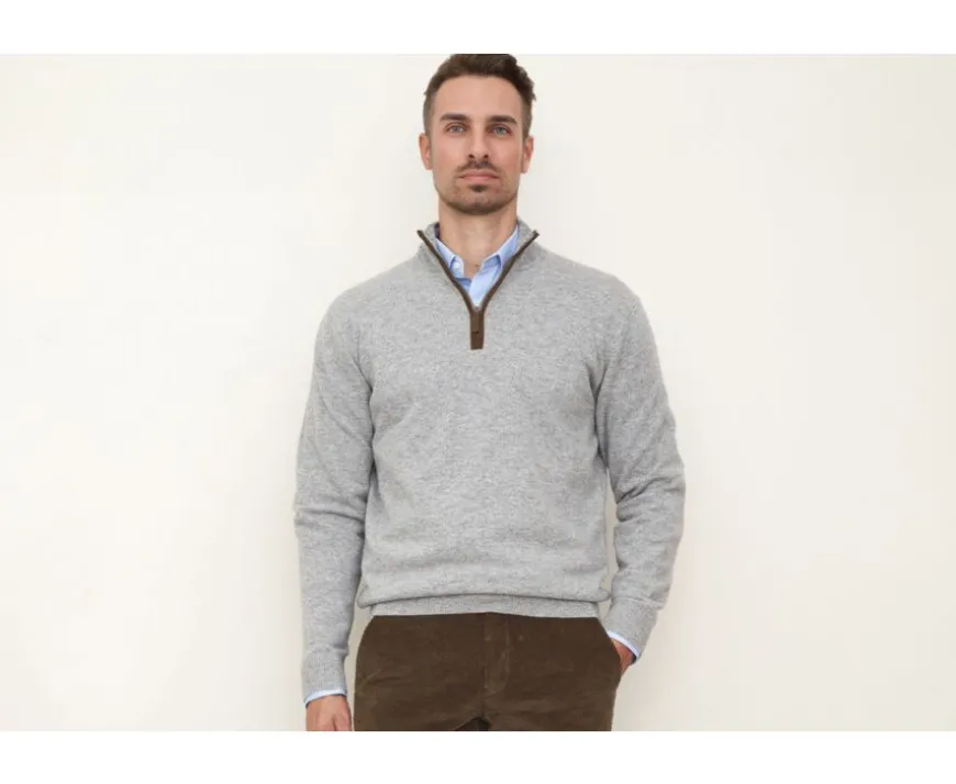 Jersey de lana para hombre con cuello cremallera Gris moteado Keithy-Bexley Cheap