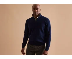 Jersey de lana para hombre con cuello cremallera Azul marino moteado y avellana Keyden-Bexley New