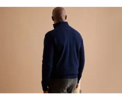 Jersey de lana para hombre con cuello cremallera Azul marino moteado y avellana Keyden-Bexley New