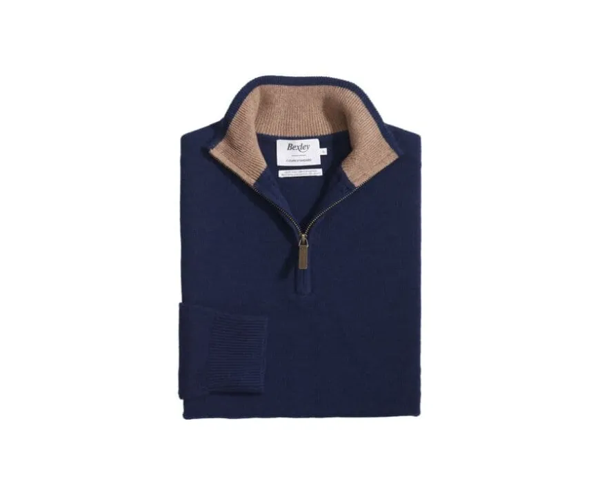 Jersey de lana para hombre con cuello cremallera Azul marino moteado y avellana Keyden-Bexley New