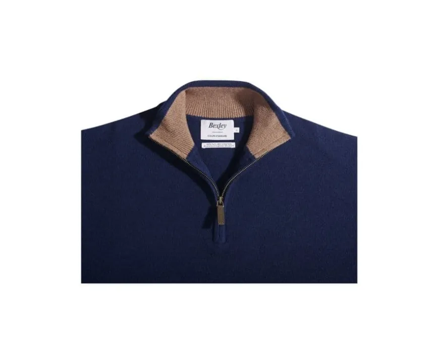 Jersey de lana para hombre con cuello cremallera Azul marino moteado y avellana Keyden-Bexley New
