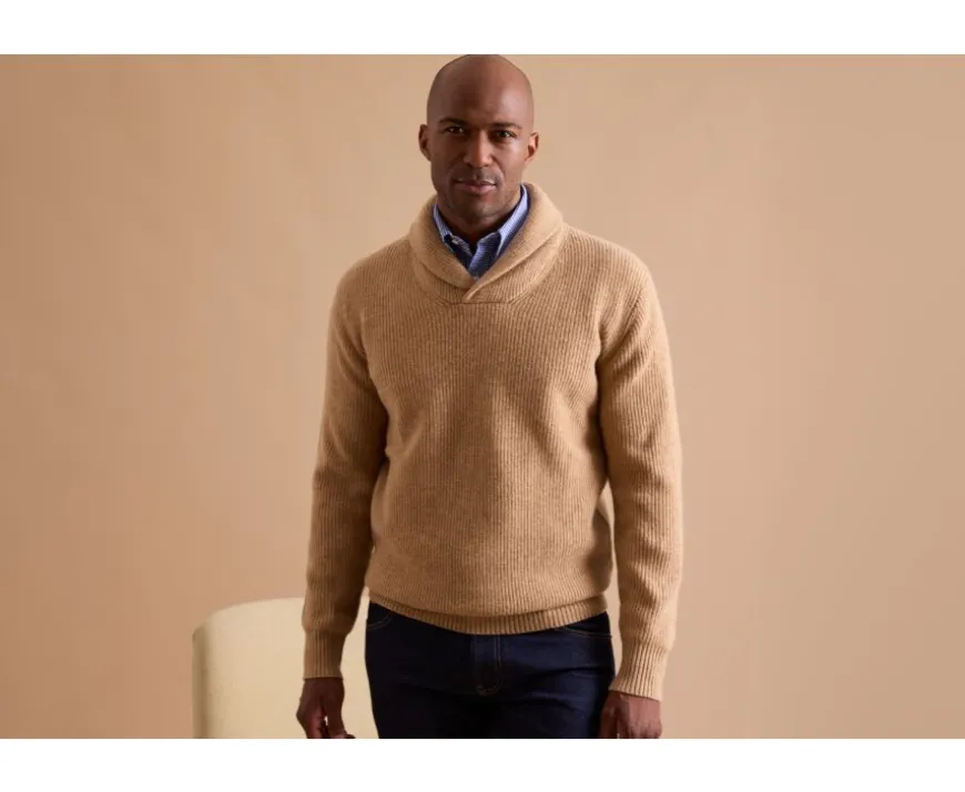 Jersey de lana para hombre Cuello chal Beis ocuro moteado Kellan-Bexley Best