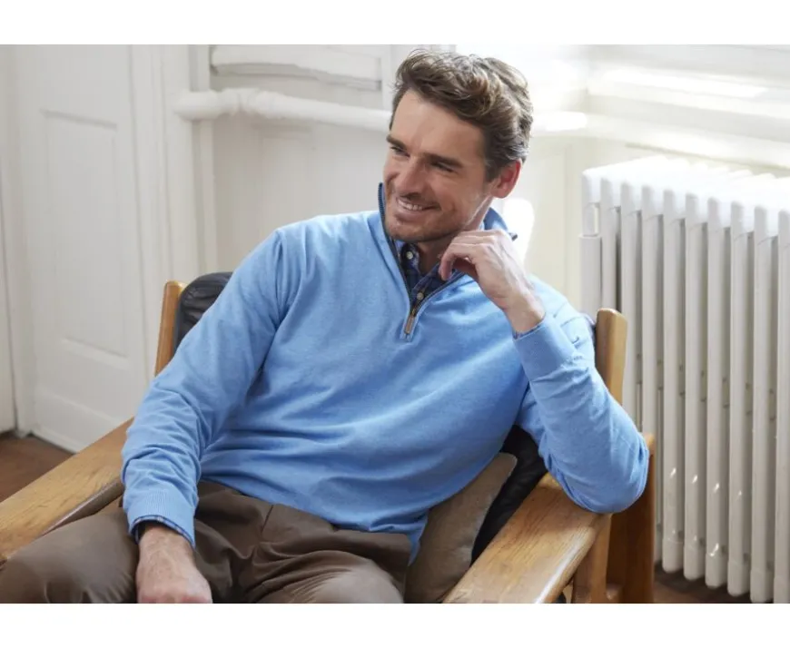 Jersey fino algodón Pima/cachemira para hombre con cuello con cremallera Azul moteado Vlad-Bexley Hot