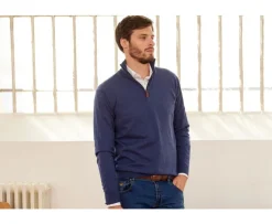 Jersey fino algodón Pima/cachemira para hombre con cuello con cremallera Azul oscuro moteado Vlad-Bexley Flash Sale