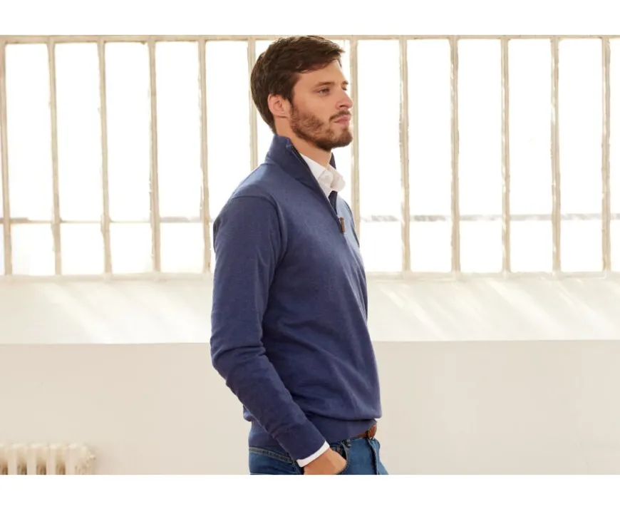 Jersey fino algodón Pima/cachemira para hombre con cuello con cremallera Azul oscuro moteado Vlad-Bexley Flash Sale