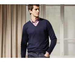 Jersey fino con cuello V algodón pima/cachemira para hombre Azul marino Vadim-Bexley Best Sale