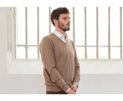 Jersey fino de algodón pima/cachemira para hombre con cuello en V Topo moteado Vadim-Bexley Fashion