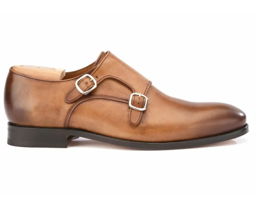 Zapatos hombre hebilla doble Coñac patinado Chigwell-Bexley Outlet