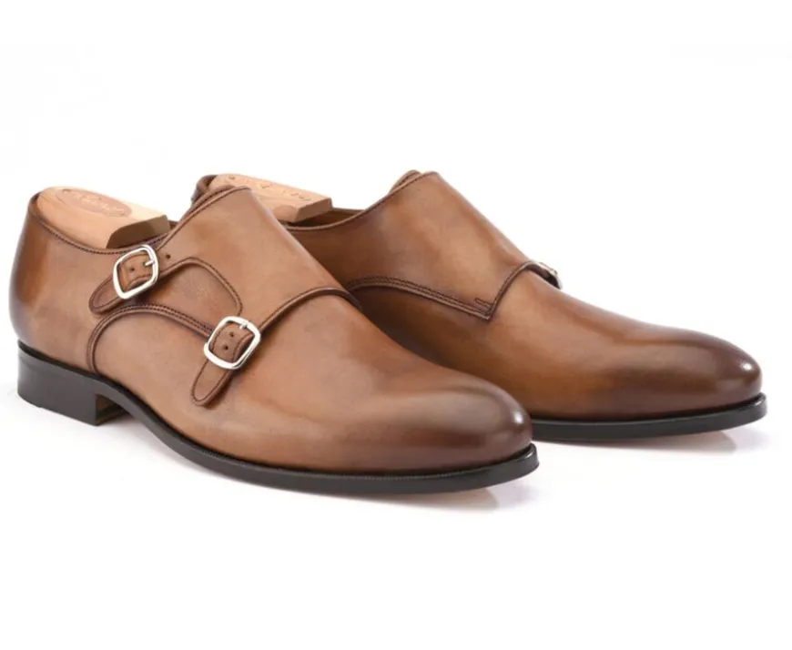 Zapatos hombre hebilla doble Coñac patinado Chigwell-Bexley Outlet